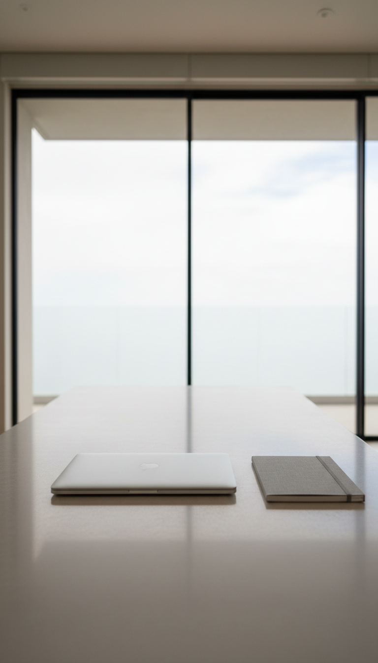 An immaculately arranged workspace featuring a slim, closed silver laptop atop a pale stone desk with a single soft-grey linen notebook beside it. No other objects are present, enhancing the sense of intentional simplicity. The scene is bathed in gentle overcast daylight filtering through a large glass window in the background, creating subtle gradients and barely-there reflections on the metal surfaces. The environment is distinctly quiet, with an airy quality and a muted color palette. Photographed from an eye-level perspective with a wide composition, every detail is crisp and uncluttered, emphasizing focus and mindful living. This image embodies refined minimalism, supporting the blog’s ethos of pared-back, sophisticated calm.